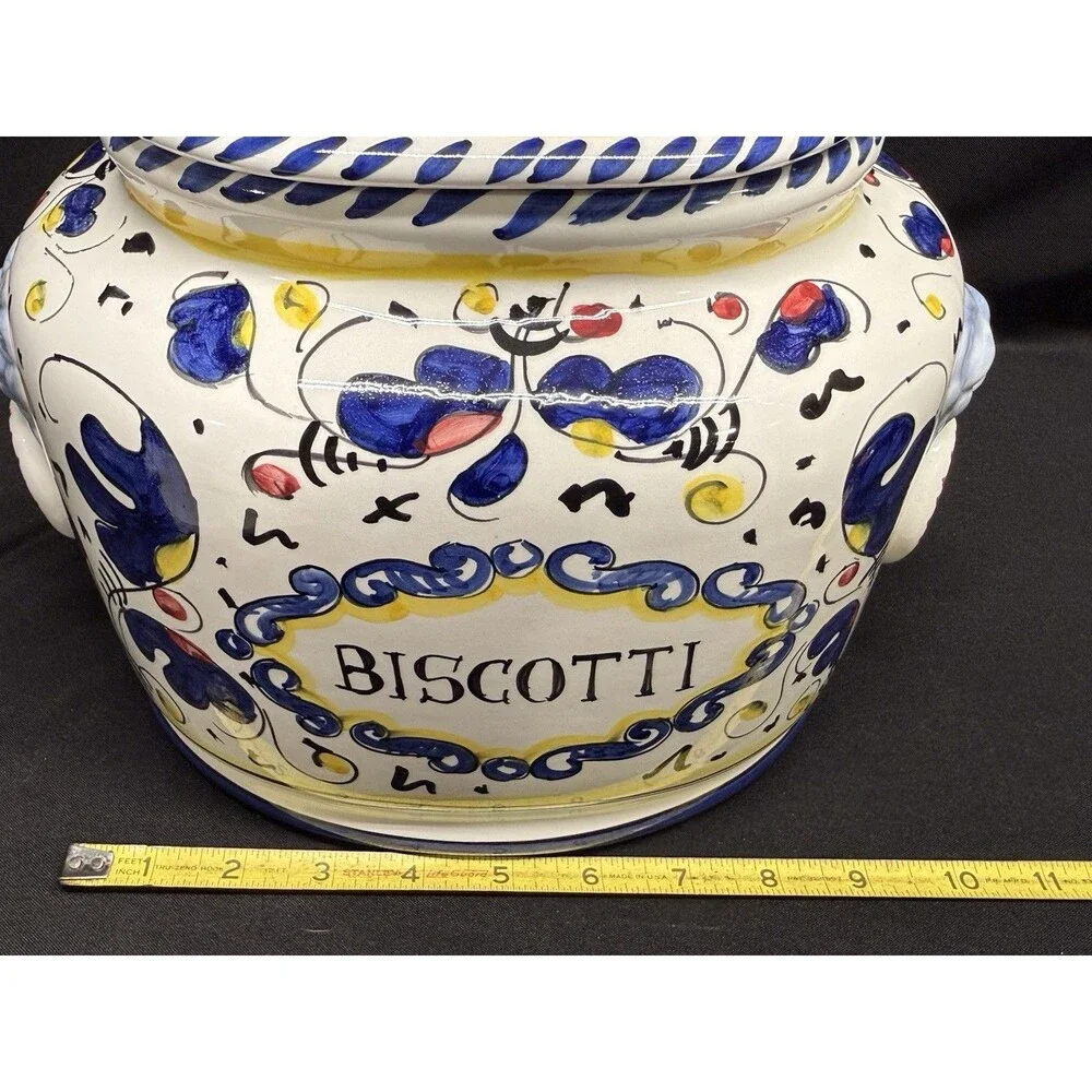 Deruta Italy Hand Painted Biscotti Large Oval Cookie Jar Canister Rooster VTG